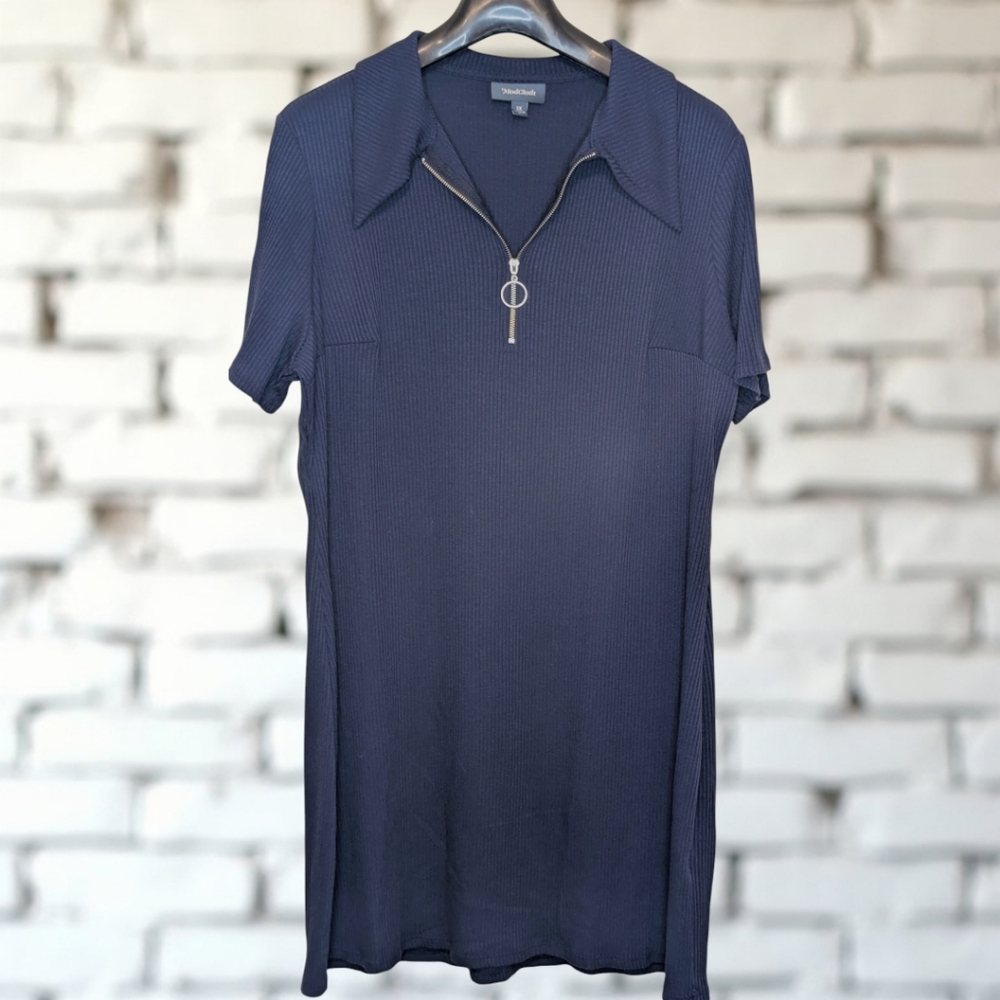 Modcloth Womens Ribbed Mini Dress Short Sleeve Collared Neck 3/4 Zip Navy Sz 1X